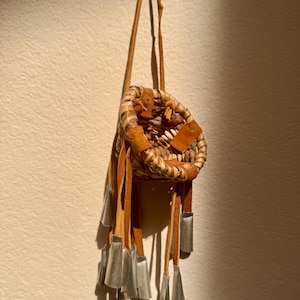 Vintage Handmade Apache Burden Basket Leather Fringe Tin Jingle Cones Southwestern Native American Basket