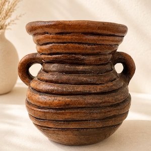 Signed Studio Pottery Coil Vase, Rustic Handmade Ceramic Vessel, Earth Tone Art Pottery