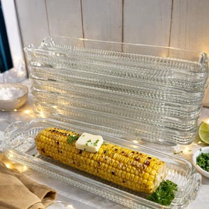 Vintage Ribbed Glass Corn Cob Trays, Set of 6, Mid Century Serveware