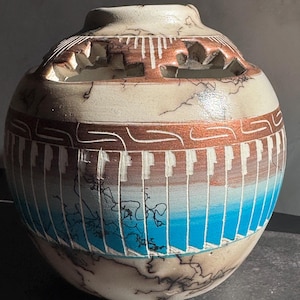 SALE!! Signed Horsehair Pottery Vase Raku Fired Carved Studio Pottery Southwestern Style