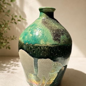 Signed Studio Art Pottery Bottle Vase 8 Inch Turquoise Green Stoneware Incised Artist Mark