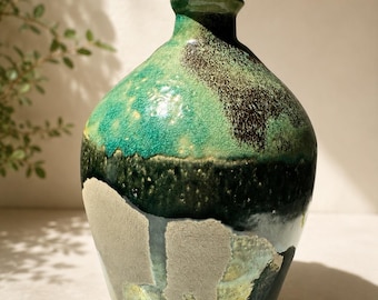 Signed Studio Art Pottery Bottle Vase 8 Inch Turquoise Green Stoneware Incised Artist Mark