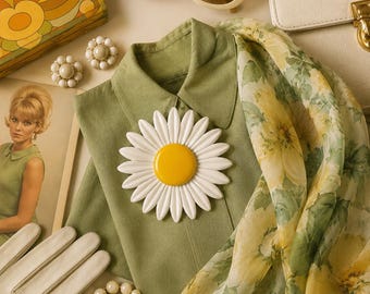 Vintage 1960s White Daisy Enamel Brooch Large Flower Power Pin Yellow Center Mod Jewelry 3.5 Inch