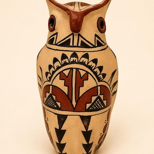 May include: A ceramic owl figurine featuring a cream-colored base with intricate hand-painted geometric patterns in black and terracotta red. The design includes stylized feathers, triangular motifs, and circular eyes, creating a symmetrical appearance.