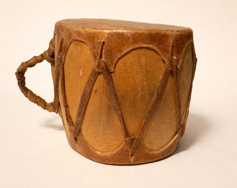 Vintage handmade rawhide drum small rustic folk instrument leather laced wood drum with handle