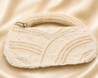 Vintage Hand Beaded Purse, White & Gold, Satin Lining Evening Bag