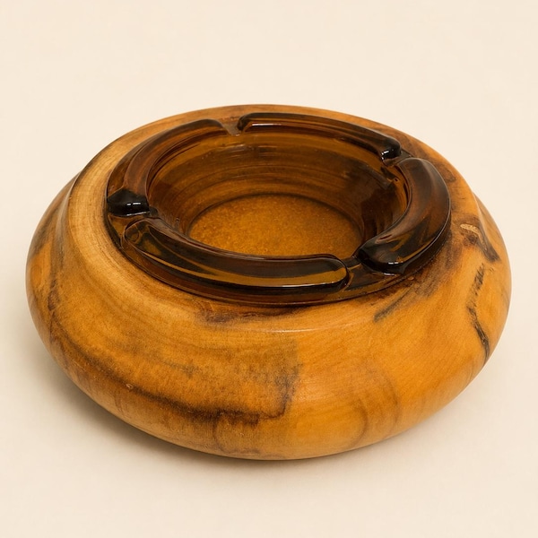 Vintage Hand Turned Burl Wood Ashtray with Amber Glass Insert 7” Mid Century Rustic Southwest Decor