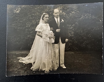 Vintage Wedding Photograph Bride and Groom Outdoor Portrait Circa 1940s Original Black and White Photo