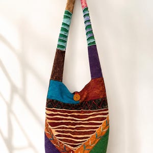 SALE! Handmade Boho Patchwork Crossbody Shoulder Bag Colorful Artisan Fabric Hippie Sling Purse Wooden Button Closure Festival Bag