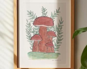 Mushroom & Fern Watercolor Illustration: Botanical Giclee Print