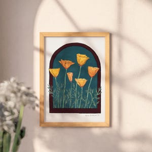 Orange California Poppies State Flower Gouache and Ink Illustration - 5x7, 8x10, or 11x14 Inch Giclee Print