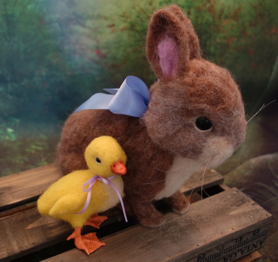 OOAK Needle Felted Baby Bunny Rabbit and Duckling by Artist C Jensen!
