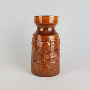 Vintage BAY KERAMIK Brown Vase With Relief Decor 953-20 West German Pottery 1960s