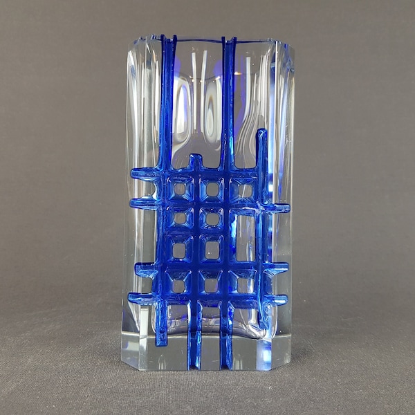 Vintage EXBOR Czech Blue Glass Art Vase By Ladislav Oliva 1970s Czechoslovakia