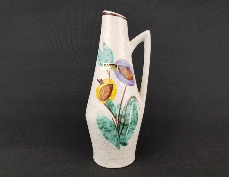1970s Vintage SCHEURICH KERAMIK White Fat Lava Vase with Floral decor 27122 by Heinz Siery West German Pottery