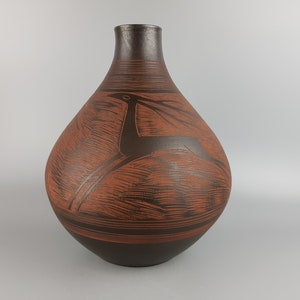 Vintage HERISTAL Terracotta Handmade Brown Vase Decorated With Sgrafitto Deer West Germany  1970s