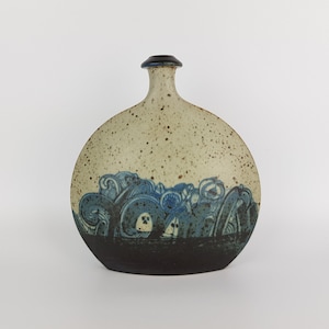 Vintage WILHELM und ELLIE KUCH Beige Black and Blue Studio Art Pottery Vase Germany 1970s
