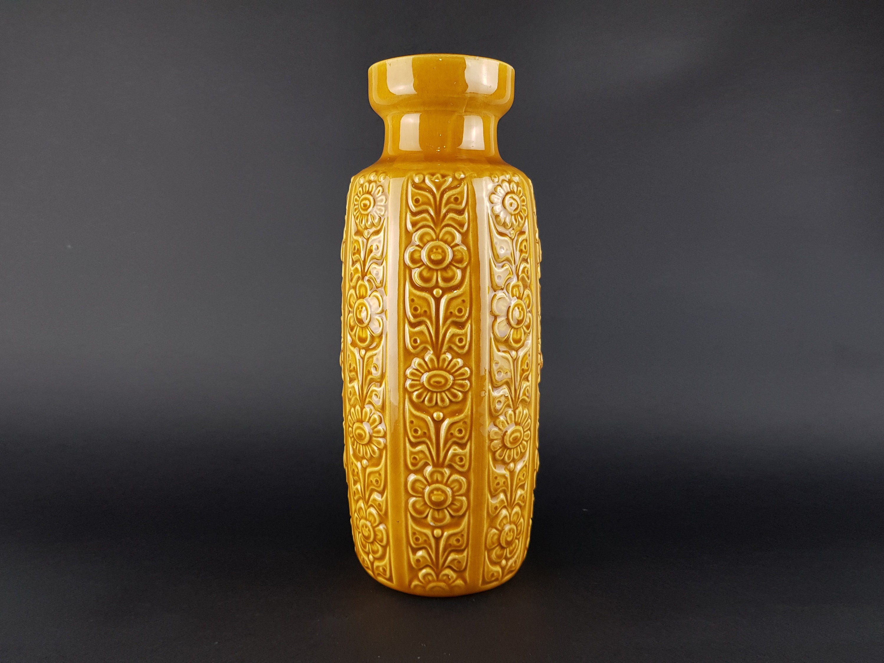 W.GERMANY 220 44 花瓶 Vintage SCHEURICH KERAMIK Yellow Vase With NIZZA Decor 280 30 West