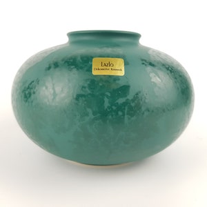 Vintage BAY KERAMIK Ceramic Green Disk Vase 690/12 West German Pottery 1980s