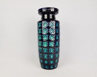 Vase vintage SCHEURICH KERAMIK bleu foncé et turquoise à décor PRISMA 261 30 Poterie ouest-allemande des années 1970