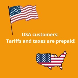 Könnte beinhalten: Ein orangefarbener Hintergrund mit zwei amerikanischen Flaggen und einer Karte der USA, alle im Design der amerikanischen Flagge. Der Text lautet: „USA-Kunden: Zölle und Steuern sind im Voraus bezahlt!"