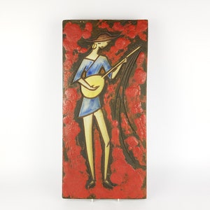 Rare Vintage Red RUSCHA KERAMIK Fat Lava Wall Plate with Musician Decor Dokumenta Serie by Adele Bolz 1960s