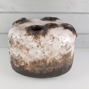 Vintage STUDIO ART POTTERY White and Brown with Pink Accents 5 Holes Vase Attributed to Ingeborg and Bruno Asshoff from West Germany 1968s