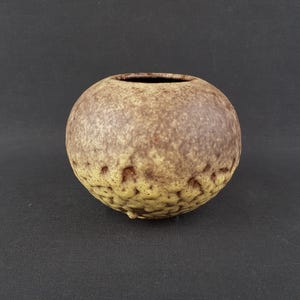 May include: A small, round, ceramic vase with a textured surface. The vase has a dark brown top that fades into a lighter brown and yellow base. The base has a rough, pitted texture. The vase is likely for decorative purposes.