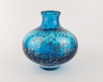 Vintage SCHOTT ZWIESEL Blue GLASS Design Vase With Florida decor by Heinrich Loffelhardt 1960-70s