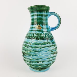 Vintage UBELACKER (U-KERAMIK) Green and Blue Pitcher Handled Vase 1651/20 West German Pottery 1970s