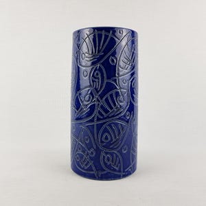 Vintage BLUE CILINDER VASE – Sgraffito Fish Decor 1960-70's