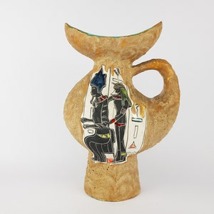 Vintage ALLA MODA Fat Lava Vase Jug With Egyptian Decor Italian Pottery 1960s