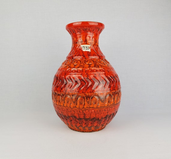 Vintage BAY KERAMIK Reddish Orange Vase Attributed to Bodo Mans 92 
