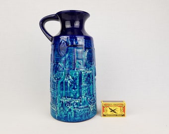 Vintage BAY KERAMIK Handled Blue Vase With Narvik Decor, West