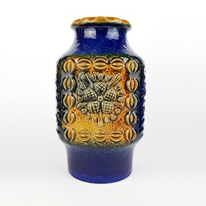 Vintage DÜMLER & BREIDEN Keramik Blue and Ochre Fat Lava Vase Studio Serie 73/25, West German Pottery 1970s
