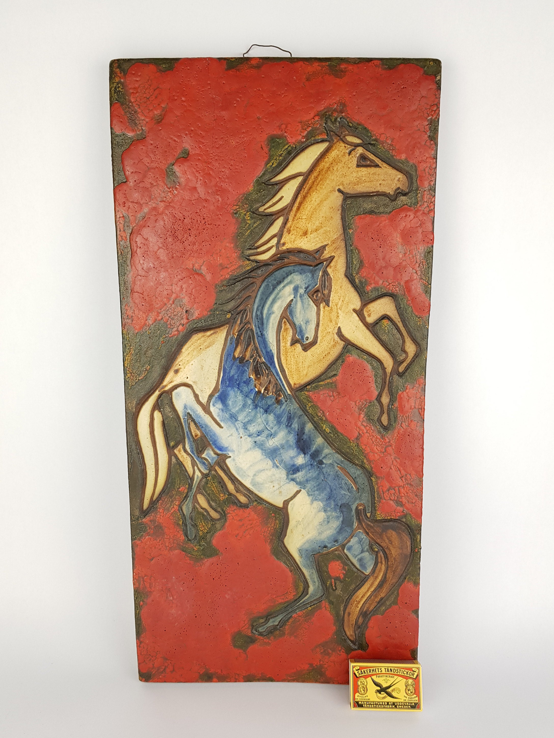 Rare Vintage Red RUSCHA KERAMIK Fat Lava Wall Plate With Horses
