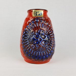 Vintage CARSTENS KERAMIK Red and Blue Vase Relief Decor 7404-20 West German Pottery 1970s