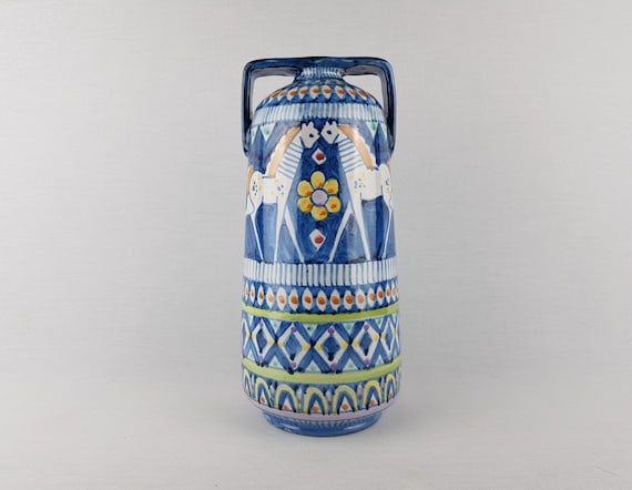 イタリア製 V Pinto Vietri　美しい花柄の陶器双耳壺 Vintage VINCENZO PINTO for VIETRI Double Handled Handpainted