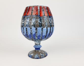 Vintage Blue Red Striped Chalice Goblet Planter Italian Pottery attributed to FRATELLI FANCIULACCI 1960s