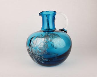 Vintage SCHOTT ZWIESEL Blue GLASS Design Handled Pitcher Vase With Florida decor by Heinrich Loffelhardt 1960-70s