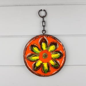 Vintage RUSCHA KERAMIK Orange Wall Plate with chain and Yellow Flower Decor 1970s