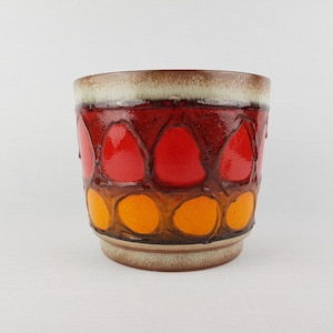 Vintage SCHEURICH KERAMIK Beige Planter Flower Pot with Red and Orange Circles 806-17 West German Pottery 1970s
