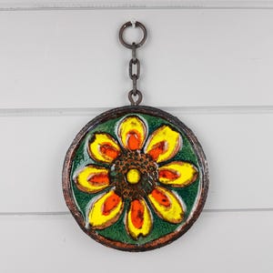 Vintage RUSCHA KERAMIK Green Wall Plate with chain and Yellow Flower Decor 1970s
