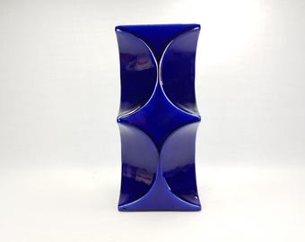 Vintage STEULER KERAMIK Dark Blue Candle Holder &quot;Continua&quot; 327-20 by Cari Zalloni 1970s West German Pottery