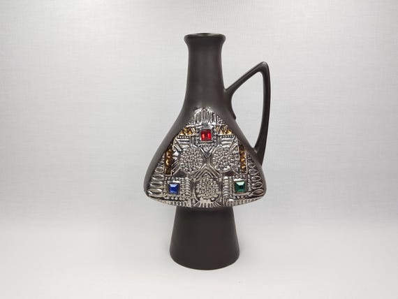 Rare Vintage BAY KERAMIK Brown Vase With Contura Decor by