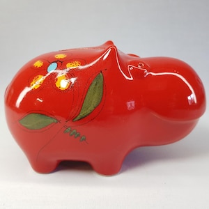 Vintage SICART (SICA) Red Hand Painted Money Box Hippo, Piggy Bank, Italian Pottery, Ceramiche Italia 1970s