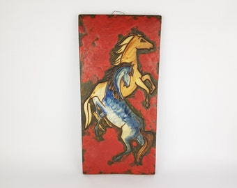 Rare Vintage Red RUSCHA KERAMIK Fat Lava Wall Plate with Horses Decor Dokumenta Serie by Adele Bolz 1962s