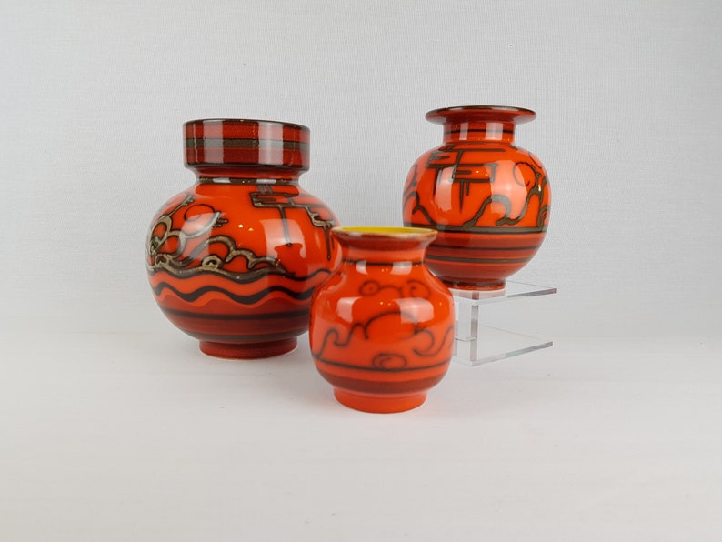 Vase vintage FLORA GOUDA HOLLAND en céramique orange avec décor Tokio, poterie néerlandaise des années 1970 image 6