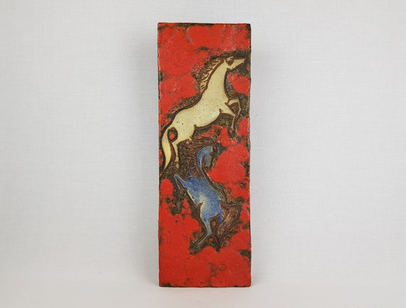 Rare Vintage RUSCHA KERAMIK Red Fat Lava Wall Plate With Horses