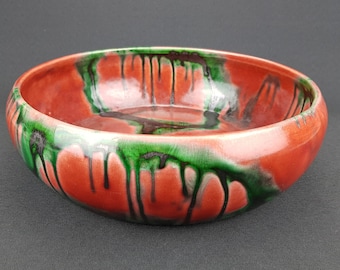 Vintage Mid Century Modern Reddish  Bowl with Green and Silver accents